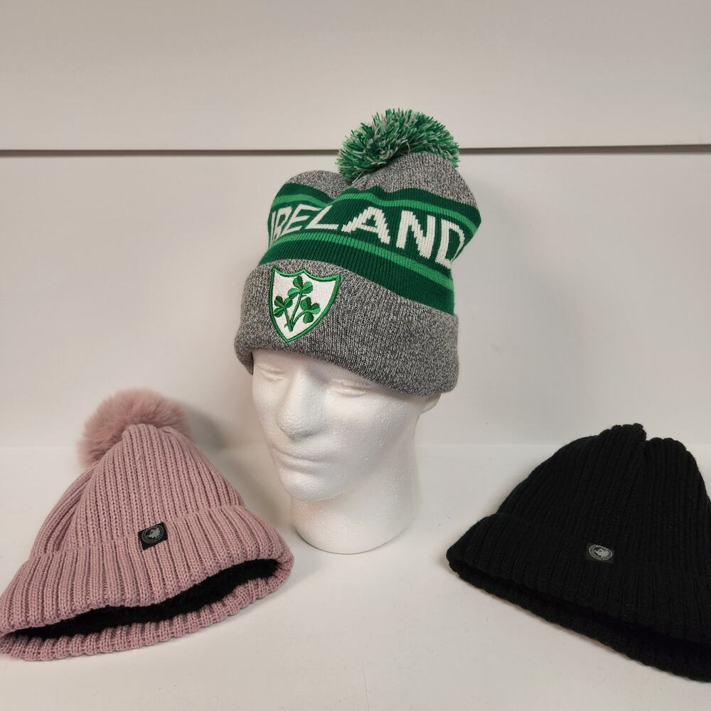 Lot of 3 Tobaggans Hats 2 canada gear soft line & 1 Ireland pink black gray cozy